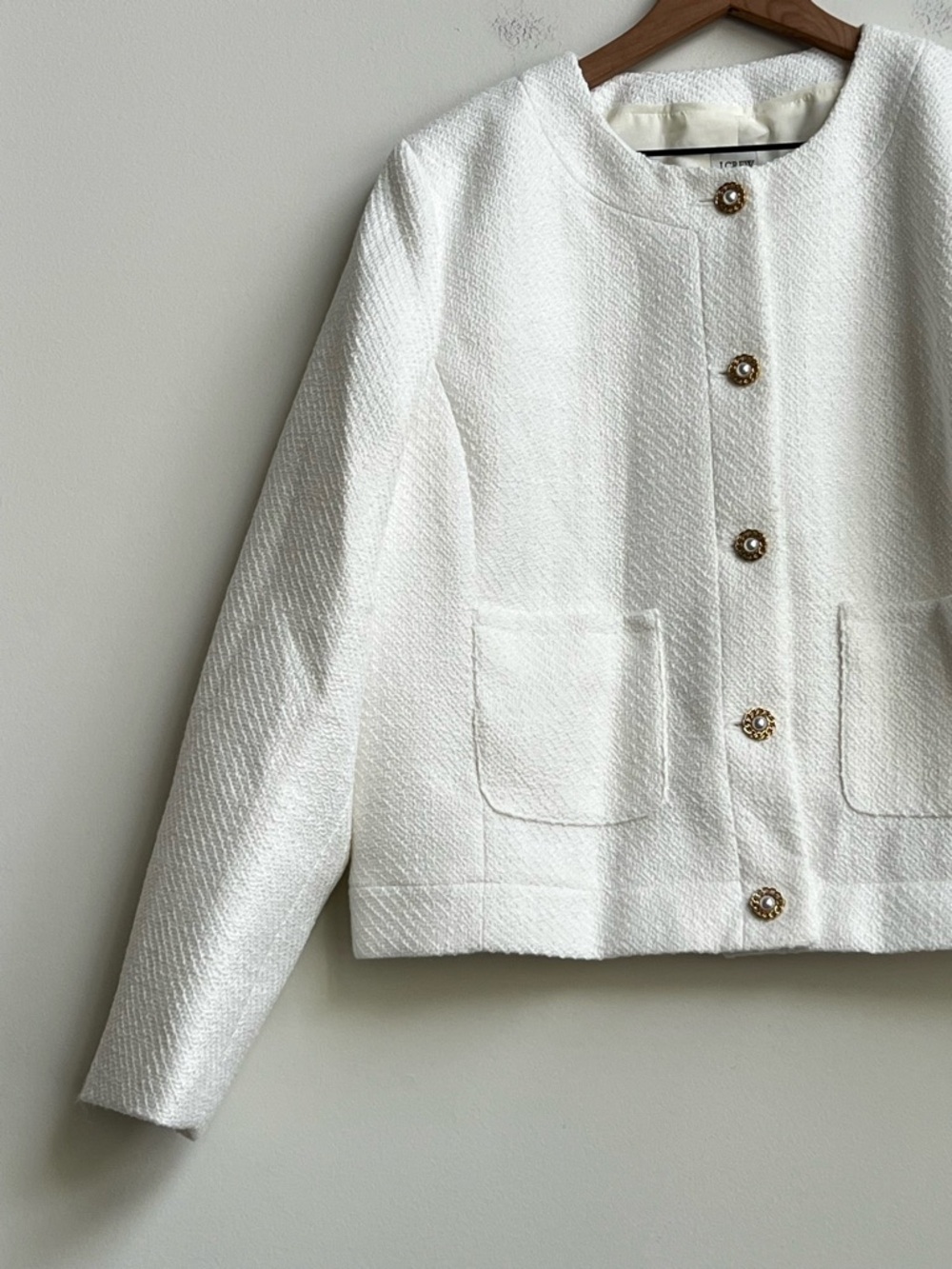 J.Crew Factory Womens Ivory Tweed Lady Jacket BW284 Preppy Pocket 16 Pearl Chain - Picture 6 of 15
